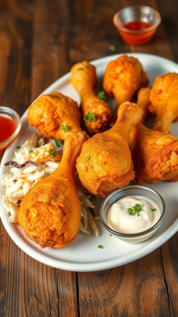 Crispy fried chicken drumsticks on a plate with coleslaw and dipping sauces.